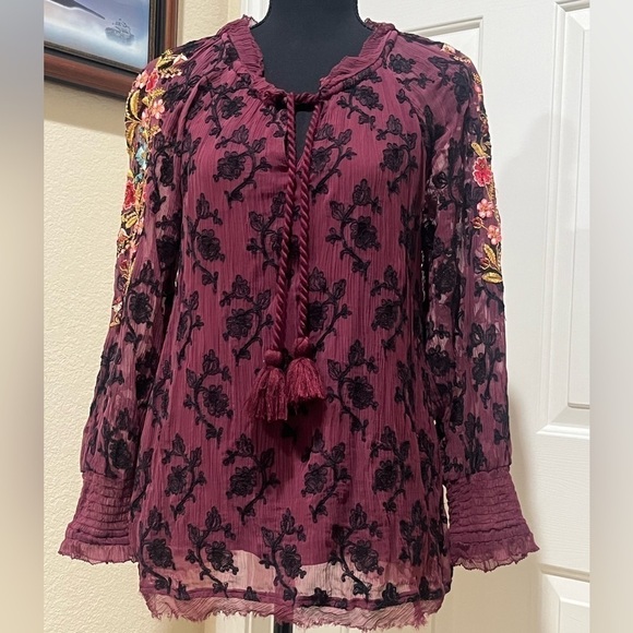 SUNDANCE WOMENS PEASANT EMBROIDERED TOP, WINE COLOR SIZE PS - Picture 7 of 8